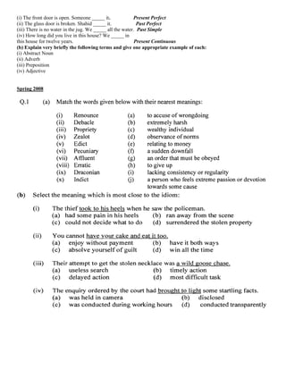 (i) The front door is open. Someone _____ it. Present Perfect
(ii) The glass door is broken. Shahid _____ it. Past Perfect
(iii) There is no water in the jug. We _____ all the water. Past Simple
(iv) How long did you live in this house? We _____ in
this house for twelve years. Present Continuous
(b) Explain very briefly the following terms and give one appropriate example of each:
(i) Abstract Noun
(ii) Adverb
(iii) Preposition
(iv) Adjective
Spring 2008
 