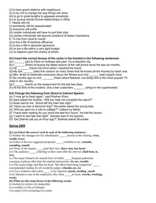 (i) to have good relations with neighbours
(ii) to try not to change the way things are done
(iii) to go to great lengths to appease somebody
(iv) to pursue strictly formal relationships in office
7. Heads will roll
(i) somebody will be assassinated
(ii) everyone will suffer
(iii) certain individuals will have to quit their jobs
(iv) certain individuals will assume positions of lesser importance
8. To live from hand to mouth
(i) to live a life of extreme affluence
(ii) to live a life in absolute ignorance
(iii) to live a life within a very tight budget
(iv) to depend upon the charity of others
Q.5 Insert the correct tenses of the verbs in the bracket in the following sentences:
(a) I ______ (go) to Paris on holidays last year, it‟s a beautiful city.
(b) I ______ (think) of buying the latest version of the cell phone since the last six months.
(c) He _______ (have) his lunch when I reached his home.
(d) My son ______ (see) this cartoon so many times that he knows all the rhymes by heart now.
(e) Mrs. Ikram is extremely conscious about her fitness and only ______ (eat) organic food.
(f) Six months ago no one _______ (hear) about Natasha, but today she is the most popular TV
artist in the country.
(g) I ______ (work) on the assignment for the last two days.
(h) At the time of the incident, only a few customers _______ (shop) in the supermarket.
Q.6 Change the following from Direct to Indirect Speech.
(a) “I may go to Swat again,” said Roshan Khan.
(b) Sara asked her brother, “Will you help me complete the report?”
(c) Asad said to me, “Sonia left the town last night.”
(d) “Have you lost a diamond ring?” the waiter asked the young lady.
(e) “Will you give me a ride to college?” I asked my father.
(f) “I have been waiting for you since the last four hours,” he told the doctor.
(g) “I went to bed late last night”, Sameer said to his teacher.
(h) “Did Zeenat call you an hour ago?” Shahida asked Shumaila.
Spring 2009
Q.1 (a) Select the correct verb in each of the following sentences:
(i) Neither the manager nor his subordinates _____ present at the meeting. (was,
would, were)
(ii) Either of the two suggested proposals _____workable to me. (sounds,
sounding, sound)
(iii) None of the tenants _____paid their rent. (have, has, has been)
(iv) The audience _____returning to their seats after the interval. (had been, is,
are)
(v) The major obstacle for smooth flow of traffic _____frequent pedestrian
crossings at places other than the marked intersection. (is, are, would).
(vi) The senior judge said that my book “My Most Interesting Judgments” _____
recommended reading for all would-be judges. (should, are, is)
(vii) Two windows and a door _____to be repaired. (needs, needing , need)
(viii) Shamim is one of the employees who often _____at home. (works, working,
work)
(b) What are the noun forms of the following words:
(i) foolish (ii) inform (iii) deductible
(iv) wealthy (v) file (vi) deepen
(vii) enjoy (viii) swimming (ix) create
 
