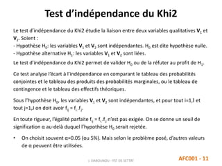Test d’indépendance du Khi2
Le test d’indépendance du Khi2 étudie la liaison entre deux variables qualitatives V1 et
V2. Soient :
- Hypothèse H0: les variables V1 et V2 sont indépendantes. H0 est dite hypothèse nulle.
- Hypothèse alternative H1: les variables V1 et V2 sont liées.
Le test d’indépendance du Khi2 permet de valider H0 ou de la réfuter au profit de H1.
Ce test analyse l’écart à l’indépendance en comparant le tableau des probabilités
conjointes et le tableau des produits des probabilités marginales, ou le tableau de
contingence et le tableau des effectifs théoriques.
Sous l’hypothèse H0, les variables V1 et V2 sont indépendantes, et pour tout i=1,I et
tout j=1,J on doit avoir fij = fi..f.j.
En toute rigueur, l’égalité parfaite fij = fi..f.j n’est pas exigée. On se donne un seuil de
signification α au-delà duquel l’hypothèse H0 serait rejetée.
• On choisit souvent α=0.05 (ou 5%). Mais selon le problème posé, d’autres valeurs
de α peuvent être utilisées.
J. DABOUNOU - FST DE SETTAT AFC001 - 11
 