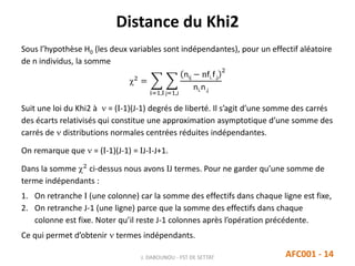 Distance du Khi2
Sous l’hypothèse H0 (les deux variables sont indépendantes), pour un effectif aléatoire
de n individus, la somme
2
=
i=1,I j=1,J
nij − nfi.f.j
ni.n.j
2
Suit une loi du Khi2 à  = (I-1)(J-1) degrés de liberté. Il s’agit d’une somme des carrés
des écarts relativisés qui constitue une approximation asymptotique d’une somme des
carrés de  distributions normales centrées réduites indépendantes.
On remarque que  = (I-1)(J-1) = IJ-I-J+1.
Dans la somme 2 ci-dessus nous avons IJ termes. Pour ne garder qu’une somme de
terme indépendants :
1. On retranche I (une colonne) car la somme des effectifs dans chaque ligne est fixe,
2. On retranche J-1 (une ligne) parce que la somme des effectifs dans chaque
colonne est fixe. Noter qu’il reste J-1 colonnes après l’opération précédente.
Ce qui permet d’obtenir  termes indépendants.
J. DABOUNOU - FST DE SETTAT AFC001 - 14
 
