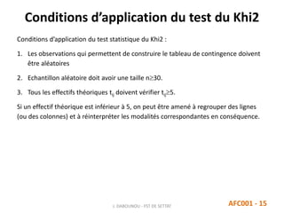 Conditions d’application du test du Khi2
Conditions d’application du test statistique du Khi2 :
1. Les observations qui permettent de construire le tableau de contingence doivent
être aléatoires
2. Echantillon aléatoire doit avoir une taille n30.
3. Tous les effectifs théoriques tij doivent vérifier tij5.
Si un effectif théorique est inférieur à 5, on peut être amené à regrouper des lignes
(ou des colonnes) et à réinterpréter les modalités correspondantes en conséquence.
J. DABOUNOU - FST DE SETTAT AFC001 - 15
 