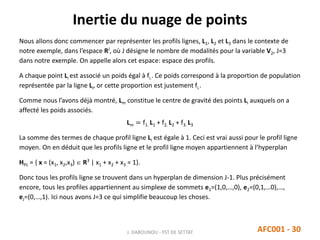 Inertie du nuage de points
J. DABOUNOU - FST DE SETTAT AFC001 - 30
Nous allons donc commencer par représenter les profils lignes, L1, L2 et L3 dans le contexte de
notre exemple, dans l’espace RJ
, où J désigne le nombre de modalités pour la variable V2, J=3
dans notre exemple. On appelle alors cet espace: espace des profils.
A chaque point Li est associé un poids égal à fi.. Ce poids correspond à la proportion de population
représentée par la ligne Li, or cette proportion est justement fi..
Comme nous l’avons déjà montré, Lm constitue le centre de gravité des points Li auxquels on a
affecté les poids associés.
Lm = f1. L1 + f2. L2 + f3. L3
La somme des termes de chaque profil ligne Li est égale à 1. Ceci est vrai aussi pour le profil ligne
moyen. On en déduit que les profils ligne et le profil ligne moyen appartiennent à l’hyperplan
HPL = { x = (x1, x2,x3)  R3
| x1 + x2 + x3 = 1}.
Donc tous les profils ligne se trouvent dans un hyperplan de dimension J-1. Plus précisément
encore, tous les profiles appartiennent au simplexe de sommets e1=(1,0,…,0), e2=(0,1,…0),…,
eJ=(0,…,1). Ici nous avons J=3 ce qui simplifie beaucoup les choses.
 