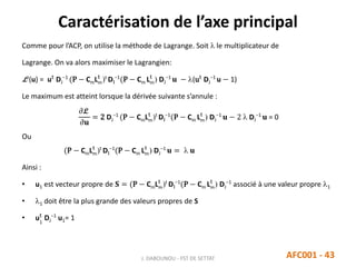 Caractérisation de l’axe principal
J. DABOUNOU - FST DE SETTAT AFC001 - 43
Comme pour l’ACP, on utilise la méthode de Lagrange. Soit  le multiplicateur de
Lagrange. On va alors maximiser le Lagrangien:
L (u) = ut
DJ
−1
(P − CmLm
t
)t
DI
−1
(P − Cm Lm
t
) DJ
−1
𝐮 − (ut
DJ
−1
u − 1)
Le maximum est atteint lorsque la dérivée suivante s’annule :
𝜕L
𝜕𝐮
= 2 DJ
−1
(P − CmLm
t
)t
DI
−1
(P − Cm Lm
t
) DJ
−1
𝐮 − 2  DJ
−1
𝐮 = 0
Ou
(P − CmLm
t
)t
DI
−1
(P − Cm Lm
t
) DJ
−1
𝐮 =  𝐮
Ainsi :
• u1 est vecteur propre de 𝐒 = (P − CmLm
t
)t
DI
−1
(P − Cm Lm
t
) DJ
−1
associé à une valeur propre 1
• 1 doit être la plus grande des valeurs propres de S
• u1
t
DJ
−1
u1= 1
 