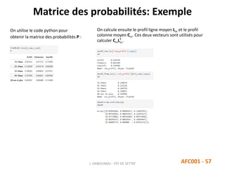 Matrice des probabilités: Exemple
AFC001 - 57
On utilise le code python pour
obtenir la matrice des probabilités P :
J. DABOUNOU - FST DE SETTAT
On calcule ensuite le profil ligne moyen Lm et le profil
colonne moyen Cm. Ces deux vecteurs sont utilisés pour
calculer CmLm
t
.
 