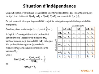 On peut exprimer le fait que les variables soient indépendantes par : Pour tout i=1,I et
tout j=1,J on doit avoir P(m1i, m2j) = P(m1i) P(m2j), autrement dit fij = fi..f.j.
Ce qui revient à dire que la probabilité conjointe est égale au produit des probabilités
marginales.
Situation d’indépendance
J. DABOUNOU - FST DE SETTAT AFC001 - 8
m21 m22 m2j m2J Cm
m11 f11 f12  f1j  f1J f1.
m12 f21 f22  f2j f2J f2.
⁞ ⁞ ⁞ ⁞
m1i fi1 fi2  fij fiJ fi.
⁞ ⁞ ⁞ ⁞
m1I fI1 fI2  fIj  fIJ fI.
Lm f.1 f.2  f.j f.J 1
Modalités de V2
ModalitésdeV1
Ou alors, si on se donne j{1,…,J}, avoir
fij
fi.
= f.j.
Il s’agit ici d’une égalité entre la probabilité
conditionnelle (posséder la modalité m2j
sachant qu’on a déjà la modalité m1i) est égale
à la probabilité marginale (posséder la
modalité m2j sans aucune condition sur la
variable V1).
On a :
P m2j m1i =
P(m1i, m2j)
P(m1i).
=
fij
fi.
et
P(m2j) = f.j
 