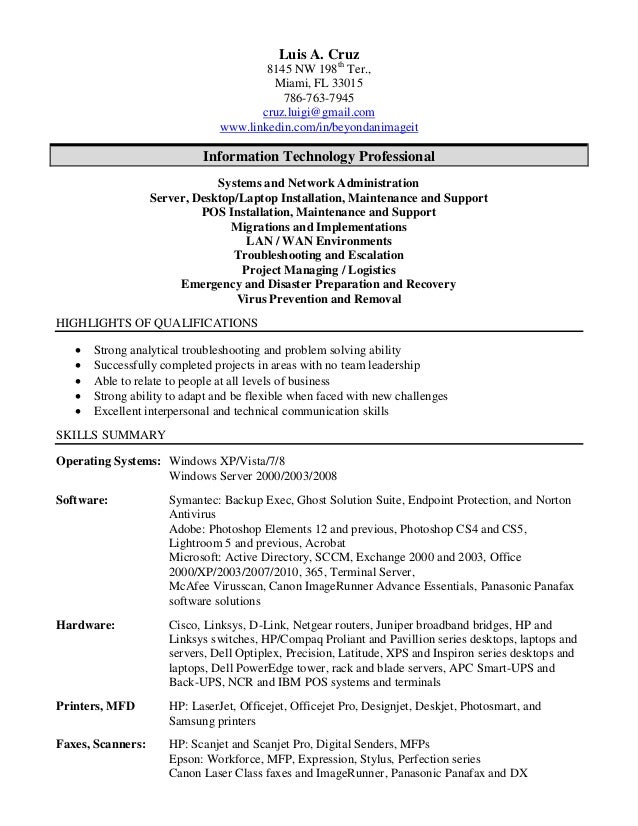 luis a cruz it professional resume 2015 sleep technician resume