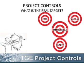 COST SCHEDULE
QUALITY
PREDICTABILITY
PROJECT CONTROLS
WHAT IS THE REAL TARGET?
 