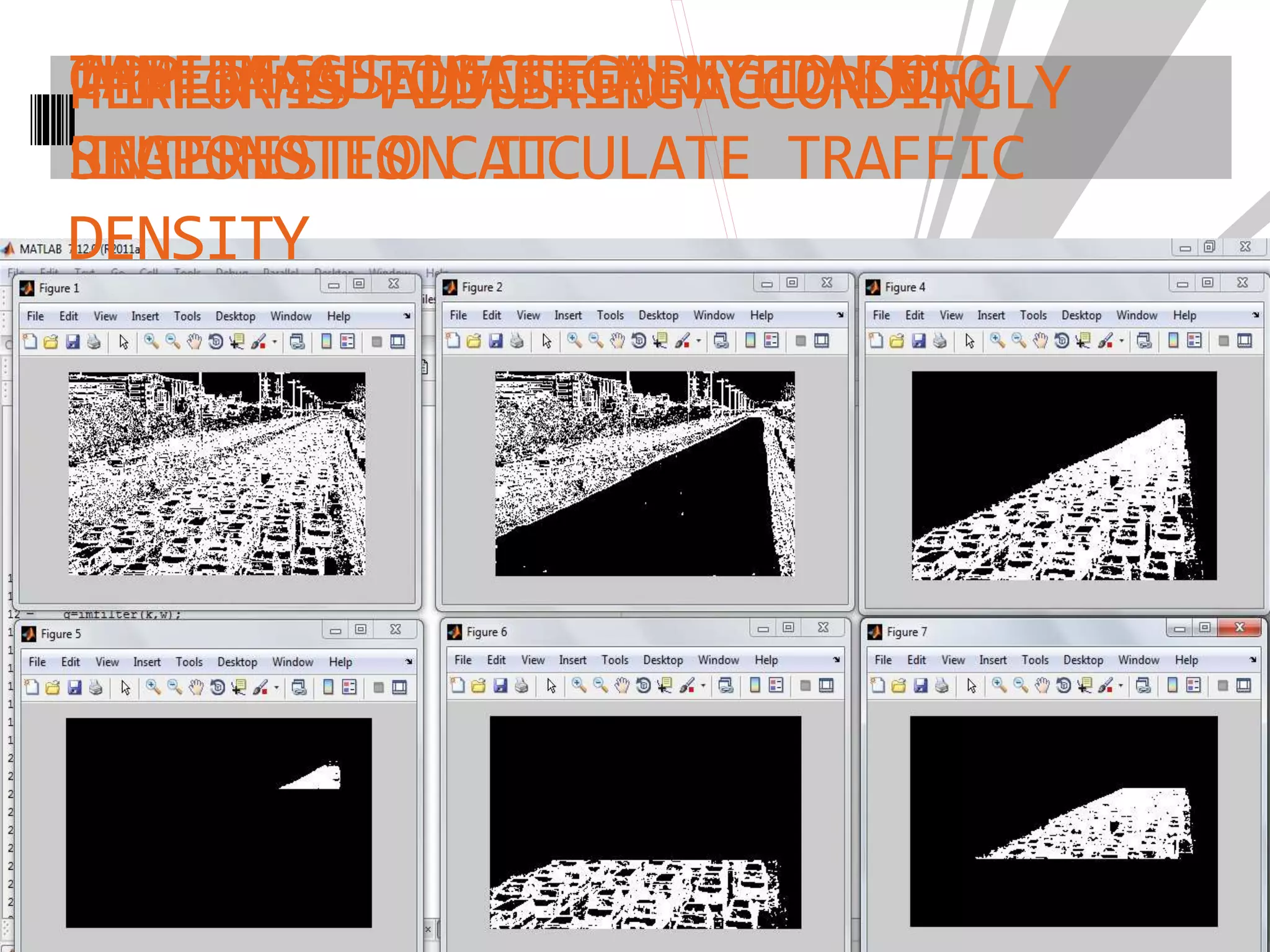 CAMERA AUTOMATICALLY TAKES
SNAPSHOTES
APPLIES SELECTED REGION OF
INTEREST ON IT
PERFORMS FILTERINGTHE IMAGE IS SEGMENTED INTO
REGIONS TO CALCULATE TRAFFIC
DENSITY
TIMER IS ADJUSTED ACCORDINGLY
 