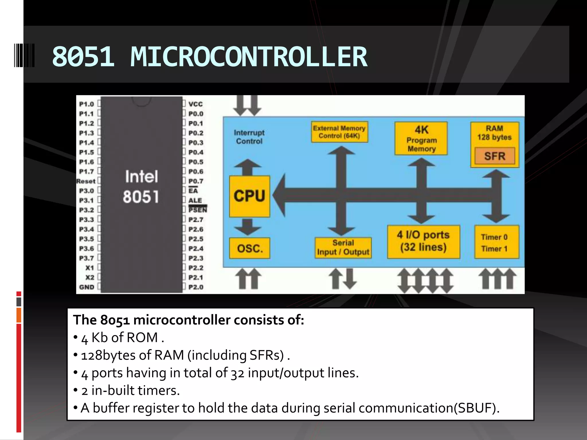 8051 MICROCONTROLLER
The 8051 microcontroller consists of:
• 4 Kb of ROM .
• 128bytes of RAM (including SFRs) .
• 4 ports having in total of 32 input/output lines.
• 2 in-built timers.
• A buffer register to hold the data during serial communication(SBUF).
 