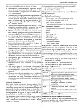 WIRC BULLETIN – DECEMBER 2015
17
The steps followed for this exercise are as below:
1. List down the companies within the group, which
needs strategic attention. Generally most of the
companies within a group requires such deliberation,
with few exceptions.
2. Nominate a facilitator who would be the champion of
this exercise. Generally the person nominated is from
a Group Strategic Department, if such a department
exists within a group. Else a senior member of the
corporate team or a Board member is nominated by
the Company Owners.
3. The facilitator coordinates with each company CEO's
to identify cross functional key members, who are
capable of giving strategic inputs for this exercise.
4. The ideal team would consist of four members from
each company consisting of Marketing, Production/
Operations/Quality, Finance and Support services.
5. As a first step the team members identifies the
competitive position and market attractiveness of the
company. The factors to be considered for these two
aspects are elaborated later in this article.
6. Based on indices arrived form step 5, the company is
categorized for its current position.
7. Each of the factors for competitive position and market
attractiveness are debated at length to arrive at
strategies with an objective of improving the indices.
8. Strategies for Core Businesses are listed and agreed
upon with timelines. The strategies are categorized
as Expand, Maintain, Contract, Milk or Withdraw.
9. Strategies for Non-Core Businesses are listed and
agreed separately.
10. The CEO's in coordination with the facilitator ensure
implementation of those strategies as per agreed
timelines.
11. The effectiveness of strategies is continuously
evaluated by the team and any changes required to
the strategies are communicated for review and
approval.
12. The team generally meets initially once a week and
thereafter once a fortnight till the strategies are
agreed upon. The whole exercise will take around 2
to 3 month time depending upon the organization size
& structure.
Strategic Assessment
This is the critical step before decision making. The
strategic assessment procedure and suggestions
concerning appropriate strategy selection will help to
guide and stimulate thinking along strategic lines.
However they should not be mechanistically applied.
Hence this should be used as an analytical tool and not
as a substitute for good decision making.
Savvy business leaders generally seek attractive markets
where their particular resources and capabilities give
them a competitive advantage so as to achieve a strong
competitive position.
Strategic position depends upon two main factors VIZ:
a) Market attractivenessAND
b) Competitive position
The parameters to be considered for each of the above
factors are as below:
a) Market Attractiveness:
- Rate of future real industry market growth
- Average future industry profit level
- Major threats to market
- Future potential for product/service displacement
b) Competitive position:
- Ability to meet market needs & preferences
- Quality
- Service
- Costs (not price)
- Reputation
- Financial strength
- Proprietary position
- Current market share
- Future market share
Categorizing Companies for Strategic Assessment
The organizations are categorized under one of the
following categories in relation to their market
attractiveness and competitive position indices:
As a ManagementAccountant one should develop a sense
of vision as to the course and direction of the Company
by;
a) Systematically helping the top management in
categorizing the Company,
b) Indicate Strategies for Core Businesses AND
c) Indicate Strategies for Non-Core Businesses.
Strategies for Businesses:
Broadly the strategies for businesses falls under the below
five categories:
Expand Aggressive posture to grow market share
Sales growth exceeds market growth
Maintain Vigorous defense of market share
Sales growth matches market growth
Contract Pruning Strategy
Shrink total sales while increasing
profitability
Milk Gently coax resources out of a business
segment
Minimize investment and maximize cash
flow
Withdraw Exit over brief time
Indicated Strategies for Core Businesses
Based on the indices of market attractiveness and
competitive position, the indicated strategies for core
businesses are tabulated as below:
 