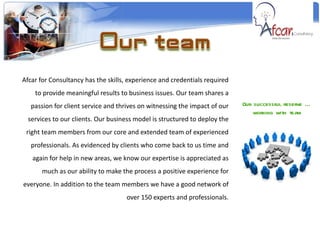 Afcar for Consultancy has the skills, experience and credentials required to provide meaningful results to business issues. Our team shares a passion for client service and thrives on witnessing the impact of our services to our clients. Our business model is structured to deploy the right team members from our core and extended team of experienced professionals. As evidenced by clients who come back to us time and again for help in new areas, we know our expertise is appreciated as much as our ability to make the process a positive experience for everyone. In addition to the team members we have a good network of over 150 experts and professionals. Our successful reserve … working with team 