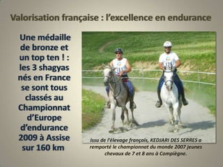 Valorisation française : l’excellence en endurance     Une médaille de bronze et un top ten ! : les 3 shagyas nés en France se sont tous classés au Championnat d’Europe d’endurance 2009 à Assise sur 160 km Issu de l’élevage français, KEDJARI DES SERRES a remporté le championnat du monde 2007 jeunes chevaux de 7 et 8 ans à Compiègne.
