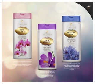 Fragrância floral citrus, revela uma
personalidade vibrante e alegre, com
suas notas de flores brancas, frutas
cítricas como a lichia e laranja,
e especiarias como a pimenta.
Com fragrância floral amadeirada, exalta
toda sedução e mistério dos ramos de
jasmim e gardênias, combinadas as
notas naturais mais picantes e menos
adocicadas.
Com toque clássico e sofisticado, sua fragrância
floral oriental é marcante e única, pois conta
com a exuberância de notas quentes e picantes,
como a baunilha, canela e orquídea.
19
 