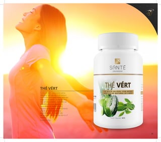 THÉ VÉRT
Contém 80g
O chá verde é consumido pelos
orientais há mais de 3 mil anos e
conhecido principalmente pelo seu
efeito estimulante. O chá verde é
rico em flavonóides - substâncias
antioxidantes que ajudam a
neutralizar os radicais livres,
responsáveis pelo envelhecimento
celular precoce e doenças
degenerativas. O ideal é não
ultrapassar 1 litro por dia (de 6 a 7
xícaras).
33
 
