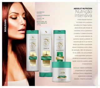 ABSOLUT NUTRITION
Nutrição
Intensiva
A linha Absolut Nutrition
foi criada com o exclusivo
complexo Q+C Repair System,
desenvolvido pela infusão de
nutrientes como a queratina e
a creatina. A creatina funciona
como um potencializador da
queratina natural, auxiliando na
reconstrução do fio ao mesmo
tempo que facilita a penetração
desses nutrientes e evita o efeito
de saturação. Além de restaurar o
fio do cabelo, cria uma proteção
contra agressões químicas e
climáticas recuperando a massa
capilar, evitando a quebra, queda
e ressecamento.
Indicação: Cabelos danificados
e fragilizados por agressões
químicas (tintura, relaxamento,
alisamento) e externas
(secador, chapinha, poluição).
S H A M P O O
C O N D I C I O N A D O R
L E A V E - I N
M Á S C A R A D E
T R A TA M E N T O
3 0 0 m l
3 0 0 m l
2 0 0 m l
3 0 0 g
BOULEVARDCOSMÉTIQUE
44
 