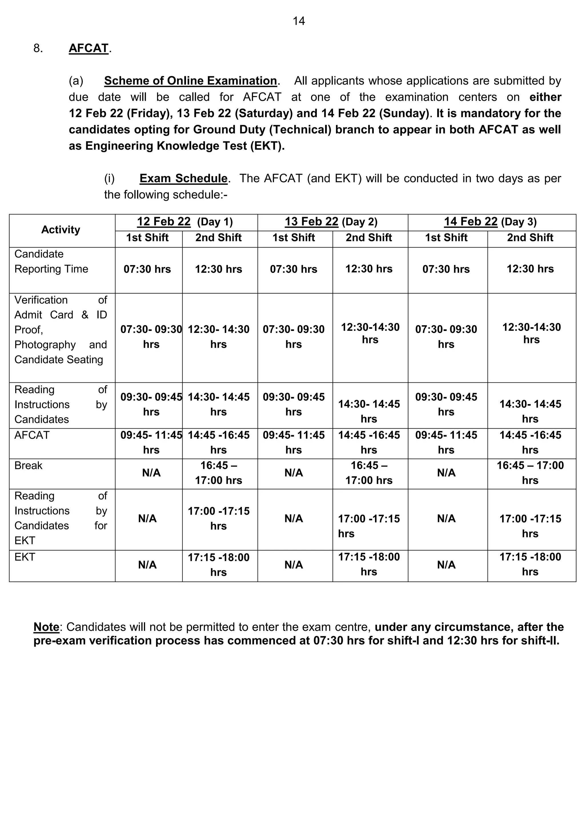 14
8. AFCAT.
(a) Scheme of Online Examination. All applicants whose applications are submitted by
due date will be called for AFCAT at one of the examination centers on either
12 Feb 22 (Friday), 13 Feb 22 (Saturday) and 14 Feb 22 (Sunday). It is mandatory for the
candidates opting for Ground Duty (Technical) branch to appear in both AFCAT as well
as Engineering Knowledge Test (EKT).
(i) Exam Schedule. The AFCAT (and EKT) will be conducted in two days as per
the following schedule:-
Note: Candidates will not be permitted to enter the exam centre, under any circumstance, after the
pre-exam verification process has commenced at 07:30 hrs for shift-I and 12:30 hrs for shift-II.
Activity
12 Feb 22 (Day 1) 13 Feb 22 (Day 2) 14 Feb 22 (Day 3)
1st Shift 2nd Shift 1st Shift 2nd Shift 1st Shift 2nd Shift
Candidate
Reporting Time 07:30 hrs 12:30 hrs 07:30 hrs 12:30 hrs 07:30 hrs 12:30 hrs
Verification of
Admit Card & ID
Proof,
Photography and
Candidate Seating
07:30- 09:30
hrs
12:30- 14:30
hrs
07:30- 09:30
hrs
12:30-14:30
hrs
07:30- 09:30
hrs
12:30-14:30
hrs
Reading of
Instructions by
Candidates
09:30- 09:45
hrs
14:30- 14:45
hrs
09:30- 09:45
hrs
14:30- 14:45
hrs
09:30- 09:45
hrs
14:30- 14:45
hrs
AFCAT 09:45- 11:45
hrs
14:45 -16:45
hrs
09:45- 11:45
hrs
14:45 -16:45
hrs
09:45- 11:45
hrs
14:45 -16:45
hrs
Break
N/A
16:45 –
17:00 hrs
N/A
16:45 –
17:00 hrs
N/A
16:45 – 17:00
hrs
Reading of
Instructions by
Candidates for
EKT
N/A
17:00 -17:15
hrs
N/A 17:00 -17:15
hrs
N/A 17:00 -17:15
hrs
EKT
N/A
17:15 -18:00
hrs
N/A
17:15 -18:00
hrs
N/A
17:15 -18:00
hrs
 