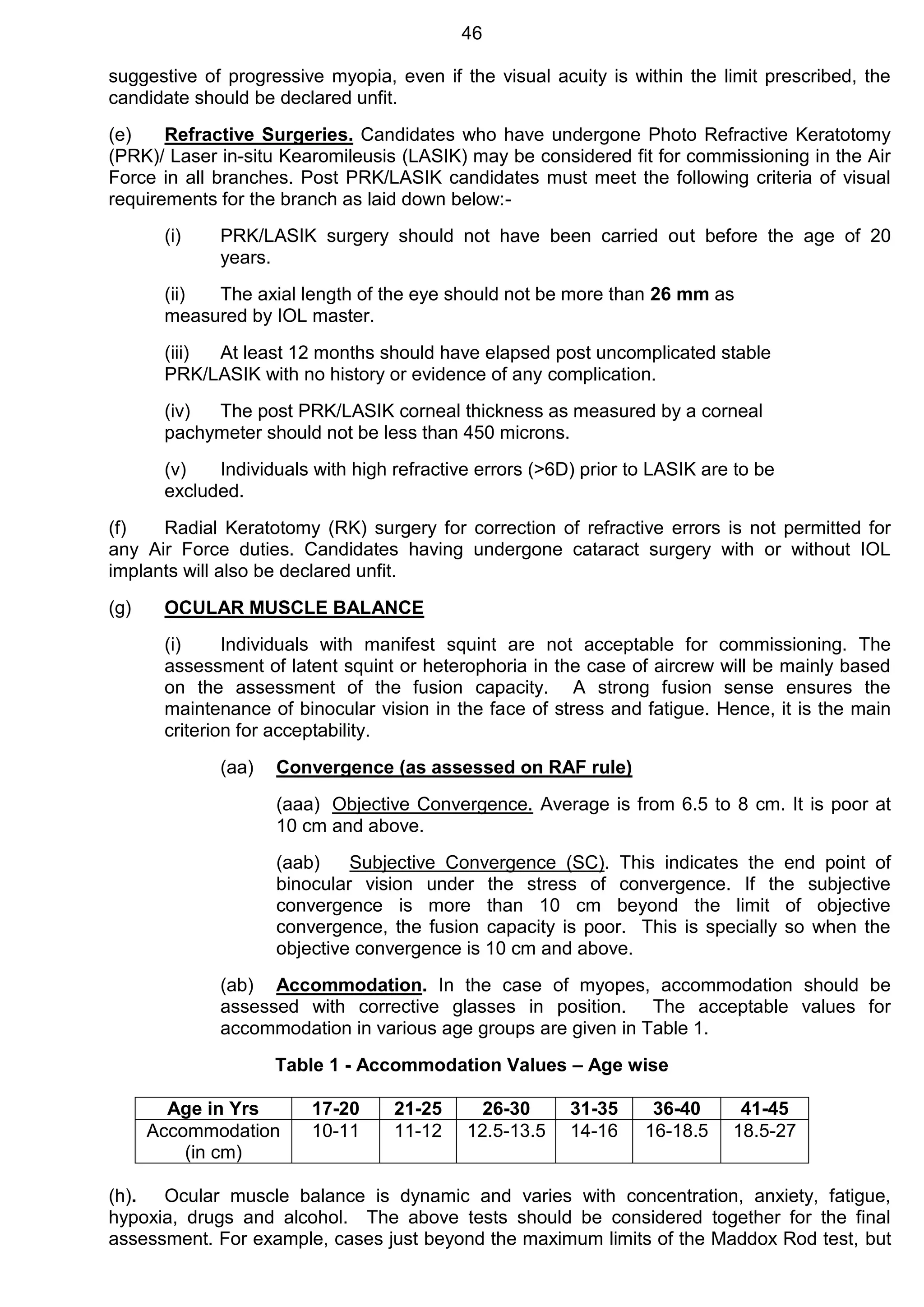 46
suggestive of progressive myopia, even if the visual acuity is within the limit prescribed, the
candidate should be declared unfit.
(e) Refractive Surgeries. Candidates who have undergone Photo Refractive Keratotomy
(PRK)/ Laser in-situ Kearomileusis (LASIK) may be considered fit for commissioning in the Air
Force in all branches. Post PRK/LASIK candidates must meet the following criteria of visual
requirements for the branch as laid down below:-
(i) PRK/LASIK surgery should not have been carried out before the age of 20
years.
(ii) The axial length of the eye should not be more than 26 mm as
measured by IOL master.
(iii) At least 12 months should have elapsed post uncomplicated stable
PRK/LASIK with no history or evidence of any complication.
(iv) The post PRK/LASIK corneal thickness as measured by a corneal
pachymeter should not be less than 450 microns.
(v) Individuals with high refractive errors (>6D) prior to LASIK are to be
excluded.
(f) Radial Keratotomy (RK) surgery for correction of refractive errors is not permitted for
any Air Force duties. Candidates having undergone cataract surgery with or without IOL
implants will also be declared unfit.
(g) OCULAR MUSCLE BALANCE
(i) Individuals with manifest squint are not acceptable for commissioning. The
assessment of latent squint or heterophoria in the case of aircrew will be mainly based
on the assessment of the fusion capacity. A strong fusion sense ensures the
maintenance of binocular vision in the face of stress and fatigue. Hence, it is the main
criterion for acceptability.
(aa) Convergence (as assessed on RAF rule)
(aaa) Objective Convergence. Average is from 6.5 to 8 cm. It is poor at
10 cm and above.
(aab) Subjective Convergence (SC). This indicates the end point of
binocular vision under the stress of convergence. If the subjective
convergence is more than 10 cm beyond the limit of objective
convergence, the fusion capacity is poor. This is specially so when the
objective convergence is 10 cm and above.
(ab) Accommodation. In the case of myopes, accommodation should be
assessed with corrective glasses in position. The acceptable values for
accommodation in various age groups are given in Table 1.
Table 1 - Accommodation Values – Age wise
Age in Yrs 17-20 21-25 26-30 31-35 36-40 41-45
Accommodation
(in cm)
10-11 11-12 12.5-13.5 14-16 16-18.5 18.5-27
(h). Ocular muscle balance is dynamic and varies with concentration, anxiety, fatigue,
hypoxia, drugs and alcohol. The above tests should be considered together for the final
assessment. For example, cases just beyond the maximum limits of the Maddox Rod test, but
 