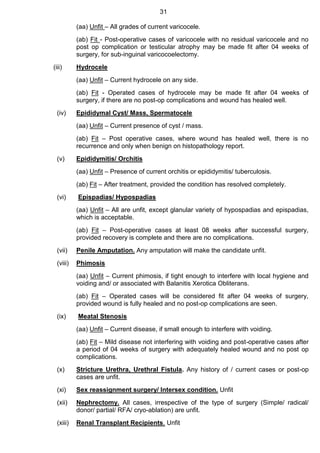 31
(aa) Unfit – All grades of current varicocele.
(ab) Fit - Post-operative cases of varicocele with no residual varicocele and no
post op complication or testicular atrophy may be made fit after 04 weeks of
surgery, for sub-inguinal varicocoelectomy.
(iii) Hydrocele
(aa) Unfit – Current hydrocele on any side.
(ab) Fit - Operated cases of hydrocele may be made fit after 04 weeks of
surgery, if there are no post-op complications and wound has healed well.
(iv) Epididymal Cyst/ Mass, Spermatocele
(aa) Unfit – Current presence of cyst / mass.
(ab) Fit – Post operative cases, where wound has healed well, there is no
recurrence and only when benign on histopathology report.
(v) Epididymitis/ Orchitis
(aa) Unfit – Presence of current orchitis or epididymitis/ tuberculosis.
(ab) Fit – After treatment, provided the condition has resolved completely.
(vi) Epispadias/ Hypospadias
(aa) Unfit – All are unfit, except glanular variety of hypospadias and epispadias,
which is acceptable.
(ab) Fit – Post-operative cases at least 08 weeks after successful surgery,
provided recovery is complete and there are no complications.
(vii) Penile Amputation. Any amputation will make the candidate unfit.
(viii) Phimosis
(aa) Unfit – Current phimosis, if tight enough to interfere with local hygiene and
voiding and/ or associated with Balanitis Xerotica Obliterans.
(ab) Fit – Operated cases will be considered fit after 04 weeks of surgery,
provided wound is fully healed and no post-op complications are seen.
(ix) Meatal Stenosis
(aa) Unfit – Current disease, if small enough to interfere with voiding.
(ab) Fit – Mild disease not interfering with voiding and post-operative cases after
a period of 04 weeks of surgery with adequately healed wound and no post op
complications.
(x) Stricture Urethra, Urethral Fistula. Any history of / current cases or post-op
cases are unfit.
(xi) Sex reassignment surgery/ Intersex condition. Unfit
(xii) Nephrectomy. All cases, irrespective of the type of surgery (Simple/ radical/
donor/ partial/ RFA/ cryo-ablation) are unfit.
(xiii) Renal Transplant Recipients. Unfit
 