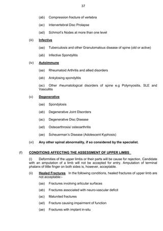 37
(ab) Compression fracture of vertebra
(ac) Intervertebral Disc Prolapse
(ad) Schmorl’s Nodes at more than one level
(iii) Infective
(aa) Tuberculosis and other Granulomatous disease of spine (old or active)
(ab) Infective Spondylitis
(iv) Autoimmune
(aa) Rheumatoid Arthritis and allied disorders
(ab) Ankylosing spondylitis
(ac) Other rheumatological disorders of spine e.g Polymyositis, SLE and
Vasculitis
(v) Degenerative
(aa) Spondylosis
(ab) Degenerative Joint Disorders
(ac) Degenerative Disc Disease
(ad) Osteoarthrosis/ osteoarthritis
(ae) Scheuerman’s Disease (Adolescent Kyphosis)
(vi) Any other spinal abnormality, if so considered by the specialist.
(f) CONDITIONS AFFECTING THE ASSESSMENT OF UPPER LIMBS
(i) Deformities of the upper limbs or their parts will be cause for rejection. Candidate
with an amputation of a limb will not be accepted for entry. Amputation of terminal
phalanx of little finger on both sides is, however, acceptable.
(ii) Healed Fractures In the following conditions, healed fractures of upper limb are
not acceptable:-
(aa) Fractures involving articular surfaces
(ab) Fractures associated with neuro-vascular deficit
(ac) Malunited fractures
(ad) Fracture causing impairment of function
(ae) Fractures with implant in-situ
 