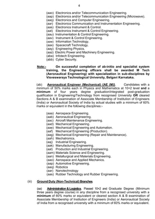 4
(aao) Electronics and/or Telecommunication Engineering.
(aap) Electronics and/or Telecommunication Engineering (Microwave).
(aaq) Electronics and Computer Engineering.
(aar) Electronics Communication and Instrumentation Engineering.
(aas) Electronics Instrument & Control.
(aat) Electronics Instrument & Control Engineering.
(aau) Instrumentation & Control Engineering.
(aav) Instrument & Control Engineering.
(aaw) Information Technology.
(aax) Spacecraft Technology.
(aay) Engineering Physics.
(aaz) Electric Power and Machinery Engineering.
(aba) Infotech Engineering.
(abb) Cyber Security.
Note:- On successful completion of ab-initio and specialist system
training, the Engineering officers shall be awarded M Tech
(Aeronautical Engineering) with specialization in sub-disciplines by
Visveswaraya Technological University, Belgavi Karnataka.
(ab) Aeronautical Engineer (Mechanical) {AE (M)}. Candidates with a
minimum of 50% marks each in Physics and Mathematics at 10+2 level and a
minimum of four years degree graduation/integrated post-graduation
qualification in Engineering/Technology from recognised University OR cleared
Sections A & B examination of Associate Membership of Institution of Engineers
(India) or Aeronautical Society of India by actual studies with a minimum of 60%
marks or equivalent in the following disciplines:-
(aaa) Aerospace Engineering.
(aab) Aeronautical Engineering.
(aac) Aircraft Maintenance Engineering.
(aad) Mechanical Engineering.
(aae) Mechanical Engineering and Automation.
(aaf) Mechanical Engineering (Production).
(aag) Mechanical Engineering (Repair and Maintenance).
(aah) Mechatronics.
(aaj) Industrial Engineering.
(aak) Manufacturing Engineering.
(aal) Production and Industrial Engineering.
(aam) Materials Science and Engineering.
(aan) Metallurgical and Materials Engineering.
(aao) Aerospace and Applied Mechanics.
(aap) Automotive Engineering.
(aaq) Robotics
(aar) Nanotechnology
(aas) Rubber Technology and Rubber Engineering.
(iii) Ground Duty (Non-Technical) Branches.
(aa) Administration&Logistics. Passed 10+2 and Graduate Degree (Minimum
three years degree course) in any discipline from a recognised university with a
minimum of 60% marks or equivalent or cleared section A & B examination of
Associate Membership of Institution of Engineers (India) or Aeronautical Society
of India from a recognised university with a minimum of 60% marks or equivalent.
 