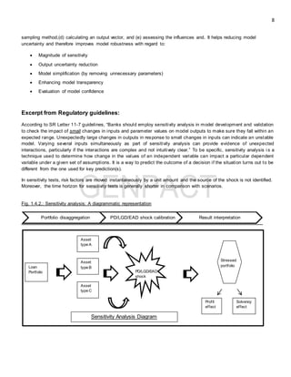 8
sampling method,(d) calculating an output vector, and (e) assessing the influences and. It helps reducing model
uncertainty and therefore improves model robustness with regard to:
 Magnitude of sensitivity
 Output uncertainty reduction
 Model simplification (by removing unnecessary parameters)
 Enhancing model transparency
 Evaluation of model confidence
Excerpt from Regulatory guidelines:
According to SR Letter 11-7 guidelines, “Banks should employ sensitivity analysis in model development and validation
to check the impact of small changes in inputs and parameter values on model outputs to make sure they fall within an
expected range. Unexpectedly large changes in outputs in response to small changes in inputs can indicate an unstable
model. Varying several inputs simultaneously as part of sensitivity analysis can provide evidence of unexpected
interactions, particularly if the interactions are complex and not intuitively clear.” To be specific, sensitivity analysis i s a
technique used to determine how change in the values of an independent variable can impact a particular dependent
variable under a given set of assumptions. It is a way to predict the outcome of a decision if the situation turns out to be
different from the one used for key prediction(s).
In sensitivity tests, risk factors are moved instantaneously by a unit amount and the source of the shock is not identified.
Moreover, the time horizon for sensitivity tests is generally shorter in comparison with scenarios.
Fig. 1.4.2.: Sensitivity analysis: A diagrammatic representation
Portfolio disaggregation PD/LGD/EAD shock calibration Result interpretation
Loan
Portfolio
Asset
type A
Asset
type B
Asset
type C
PD/LGD/EAD
shock
Stressed
portfolio
Sensitivity Analysis Diagram
Profit
effect
Solvency
effect
 