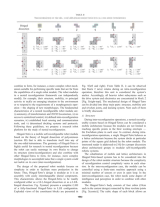 TABLE II
TRANSFORMATION OF THE LLL- AND LLR-HINGED DISSECTIONS INTO ALL ONE-SIDED TETROMINOES
Hinged
dissection O T Z S L J
1
2
3
4
(LLL)
1 2
34
1) 2
R1 = +180◦
2) 3
R4 = −180◦
1 2
3
4
1) 2
R3 = −90◦
2) 3
R4 = −90◦
3) 2
R1 = +180◦
1
2
3
4
1) 2
R3 = −90◦
2) 3
R4 = −180◦
1 2
34
1) 2
R3 = −90◦
2) 2
R1 = +180◦
1 2
3
4
1) 2
R1 = +180◦
1
2
34
1) 3
R4 = −180◦
1
2
3
4
(LLR)
1
23
4
1) 2
R3 = −180◦
1
234
1) 2
R3 = −180◦
2) 3
R4 = +180◦
3) 2
R1 = +90◦
1 2
3 4
1) 2
R1 = +180◦
2) 3
R4 = +180◦
1 2
34
1) 2
R1 = +180◦
2) 2
R3 = −90◦
1 2
3
4
1) 2
R1 = +180◦
1 2
3
4
1) 2
R1 = +180◦
2) 2
R3 = −90◦
3) 3
R4 = +180◦
combine to form, for instance, a more complex robot mech-
anism suitable for performing speciﬁc tasks that are far from
the capabilities of a single robot module. The robot modules
in a nested reconﬁguration framework can independently
modify, for example, their structure, mobility, or principal
activity to tackle an emerging situation in the environment
or to respond to the requirements of a morphogenesis oper-
ation —the shaping of new morphologies. The fundamental
characteristics of a nested reconﬁgurable robot module are:
i) autonomy of transformation and 2D/3D locomotion, ii) no
access to centralized control, iii) deﬁned intra-reconﬁguration
scenarios, iv) established local sensing and communication
tools, and v) determined docking systems and protocols.
Following these guidelines, we propose a research robot
platform for the study of nested reconﬁguration.
Hinged-Tetro is a mobile self-reconﬁgurable robot module
based on the theory of hinged dissection of polyominoes
(section III) that is able to transform itself into any of
the one-sided tetrominoes. The geometry of Hinged-Tetro is
highly useful for research in nested reconﬁguration because
the robot can easily rearrange its own blocks to change
its structure (intra-reconﬁguration) and also combine with
other Hinged-Tetros to form, for instance, more complex
morphologies to accomplish tasks that a single system could
not tackle on its own (inter-reconﬁguration).
The design of the proposed robot module focuses on
simplicity in order to facilitate mass production in the
future. Thus, Hinged-Tetro’s design is modular as it is an
assembly with easily interchangeable shared components.
This characteristic allows the Hinged-Tetro to be readily
conﬁgured either as a LLL-hinged dissection or as a LLR-
hinged dissection. Fig. 5(center) presents a complete CAD
of a fully-functional Hinged-Tetro in LLR conﬁguration.
Exploded views of the constituent blocks are presented in
Fig. 5(left and right). From Table II, it can be observed
that block 2 never rotates during an intra-reconﬁguration
operation, therefore this unit is considered the system’s
anchor. Accordingly, all heavier robot subsystems such as
the drive system and electronics are concentrated in block 2
[Fig. 5(right-top)]. The mechanical design of Hinged-Tetro
can be divided into three main parts: structure, mobility unit
and revolute joints, and docking system. Next each of them
is brieﬂy discussed.
A. Structure
During inter-reconﬁguration operations, a nested reconﬁg-
urable system based on Hinged-Tetros can be considered a
mobile architecture because the modules are not limited to
reaching speciﬁc points in the their working envelope —
the Euclidean plane in such case. In contrast, during intra-
reconﬁguration operations, a single Hinged-Tetro behaves as
a lattice architecture because the system docks at particular
points of the square grid deﬁned by the robot module. The
interested reader is addressed to [10] for a proper discussion
about architectural groups in modular self-reconﬁgurable
robotic systems.
The cohabitation of mobile and lattice architectures in
Hinged-Tetro-based systems has to be considered into the
design of the robot module structure because the complexity
of reconﬁguration control completely varies in each situa-
tion. In the intra-reconﬁguration case, the module can be
controlled using a ﬁnite-state machine approach using a
minimal number of sensors or even in open loop. In the
inter-reconﬁguration case, the robot needs some degree of
intelligence and perception in order to combine with other
modules.
The Hinged-Tetro’s body consists of four cubes (10cm
each in the current design) connected by three revolute joints
[Fig. 5(center)]. The cubic shape of each block allows an
1543
 