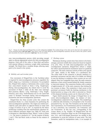 Fig. 5. Design of a fully-functional Hinged-Tetro in LLR conﬁguration (center). The modular design of the robot can be observed in the exploded views
of the constituent blocks (left and right). Since block 2 does not rotate during any intra-reconﬁguration operation, the unit is used as the system’s anchor
and concentrates the heavier subsystems (right-top). See text for details.
easy intra-reconﬁguration process while providing enough
space to allocate appropriate sensors for inter-reconﬁguration
purposes. Each wall of the cubes is 5mm thick and hollow
with internal ribbing to minimize weight while maintaining
strength. The blocks have a modular design, allowing many
parts to be reused in the system.
B. Mobility unit and revolute joints
Free movement of Hinged-Tetro in the Euclidean plane
is required for inter-reconﬁguration processes regardless the
robot’s shape (e.g., I-tetromino, L-tetromino). To accomplish
this, Hinged-Tetro employs a holonomic drive system using
four omni-wheels located on block 2 [Fig. 5(right-top)].
During intra-reconﬁguration, the wheels lock to avoid the
movement of block 2 while all the other ones rearrange
their positions. Blocks 1 [Fig. 5(left-top)], 3 [Fig. 5(right-
bottom)], and 4 [Fig. 5(left-bottom)] rest on one metal ball
caster to facilitate movement during inter-reconﬁguration
locomotion and intra-reconﬁguration operations.
Hinged-Tetro has three revolute joints that connect the
constituent blocks in a chain formation for performing the
intra-reconﬁguration operations. The single-axis rotation pro-
vided by each joint allows its adjacent blocks to rotate with
a range of motion of up to 180◦
, as required by the lattice
architecture resulting from the transformation operation be-
tween different tetromino shapes (see Table II). Each joint
is designed as a Butt/Mortise hinge. Block 2 works as frame
—i.e., the motor is docked to it— for the rotation of blocks
1 and 3. This last block works as frame for the rotation of
block 4.
C. Docking system
Mechanical docking systems have been shown to be faster,
stronger, and more reliable than connectors based on magnets
[11], [32]. Thus, for both intra-reconﬁguration and inter-
reconﬁguration operations, Hinged-Tetro utilizes a simple
but robust electromechanical mechanism based on gendered
connectors. The male connector consists of three arms spaced
120◦
apart, similar to the blades of a mechanical fan.
The center shaft of this connector is directly attached to a
positional servomotor and the ends of its blades are ﬁlleted
to ease the docking in conditions where systems are not well
aligned. Once two compatible faces mate, the male connector
depresses a limit switch located behind the female connector
to stop joint rotation. The connection ﬁnishes with a rotation
of approximately 60◦
of the male connector, thus locking the
two systems in place. The connection is kept secure as the
positional servomotor holds the docking mechanism in the
locked position as long as the robot is powered on. Details
of the proposed docking system can be observed in Fig. 5.
Figure 6(left) presents the design of Hinged-Tetro in its
seven intra-reconﬁguration shapes. An instance of inter-
reconﬁguration is depicted in Fig. 6(right). This morphology
is called the fork formation. It corresponds to the 16-omino
presented in Fig. 1(a: top). This formation can be made using
four I-tetrominoes, two O-tetrominoes and two I-tetrominoes,
or one L-tetromino, one J-tetromino, one I-tetromino, and
one O-tetromino. In this last case, corresponding to the
system shown in Fig. 6(right), all Hinged-Tetros but the
module in the I-tetromino shape use the LLR-hinged dissec-
tion. LLL- and LLR-hinged dissections are needed in this
combination to avoid the collision of some joints. The fork
formation, useful for manipulation tasks, is an example of
1544
 