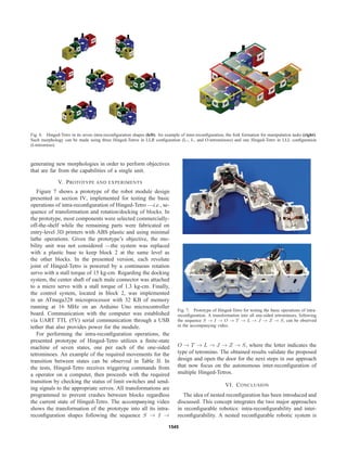 Fig. 6. Hinged-Tetro in its seven intra-reconﬁguration shapes (left). An example of inter-reconﬁguration, the fork formation for manipulation tasks (right).
Such morphology can be made using three Hinged-Tetros in LLR conﬁguration (L-, J-, and O-tetrominoes) and one Hinged-Tetro in LLL conﬁguration
(I-tetromino).
generating new morphologies in order to perform objectives
that are far from the capabilities of a single unit.
V. PROTOTYPE AND EXPERIMENTS
Figure 7 shows a prototype of the robot module design
presented in section IV, implemented for testing the basic
operations of intra-reconﬁguration of Hinged-Tetro —i.e., se-
quence of transformation and rotation/docking of blocks. In
the prototype, most components were selected commercially-
off-the-shelf while the remaining parts were fabricated on
entry-level 3D printers with ABS plastic and using minimal
lathe operations. Given the prototype’s objective, the mo-
bility unit was not considered —the system was replaced
with a plastic base to keep block 2 at the same level as
the other blocks. In the presented version, each revolute
joint of Hinged-Tetro is powered by a continuous rotation
servo with a stall torque of 15 kg-cm. Regarding the docking
system, the center shaft of each male connector was attached
to a micro servo with a stall torque of 1.3 kg-cm. Finally,
the control system, located in block 2, was implemented
in an ATmega328 microprocessor with 32 KB of memory
running at 16 MHz on an Arduino Uno microcontroller
board. Communication with the computer was established
via UART TTL (5V) serial communication through a USB
tether that also provides power for the module.
For performing the intra-reconﬁguration operations, the
presented prototype of Hinged-Tetro utilizes a ﬁnite-state
machine of seven states, one per each of the one-sided
tetrominoes. An example of the required movements for the
transition between states can be observed in Table II. In
the tests, Hinged-Tetro receives triggering commands from
a operator on a computer, then proceeds with the required
transition by checking the status of limit switches and send-
ing signals to the appropriate servos. All transformations are
programmed to prevent crashes between blocks regardless
the current state of Hinged-Tetro. The accompanying video
shows the transformation of the prototype into all its intra-
reconﬁguration shapes following the sequence S → I →
Fig. 7. Prototype of Hinged-Tetro for testing the basic operations of intra-
reconﬁguration. A transformation into all one-sided tetrominoes, following
the sequence S → I → O → T → L → J → Z → S, can be observed
in the accompanying video.
O → T → L → J → Z → S, where the letter indicates the
type of tetromino. The obtained results validate the proposed
design and open the door for the next steps in our approach
that now focus on the autonomous inter-reconﬁguration of
multiple Hinged-Tetros.
VI. CONCLUSION
The idea of nested reconﬁguration has been introduced and
discussed. This concept integrates the two major approaches
in reconﬁgurable robotics: intra-reconﬁgurability and inter-
reconﬁgurability. A nested reconﬁgurable robotic system is
1545
 
