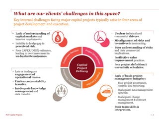 PwC Capital Projects 1
What are our clients’ challenges in this space?
Key internal challenges facing major capital projects typically arise in four areas of
project development and execution.
• Late or inadequate
engagement of
operational teams.
• Unclear accountability
transfer.
• Inadequate knowledge
management and
data transfer.
• Lack of basic project
management integrity:
− Poor project governance,
controls and reporting;
− Inadequate data management
systems;
− Inadequate change
management & contract
management.
• Poor team skills &
integration.
• Unclear technical and
commercial drivers.
• Misalignment of risks and
incentives in contracting.
• Poor understanding of risks
and their commercial
implications.
• Ineffective value
improvement practices.
• Poor project definition &
unrealistic schedules.
• Lack of understanding of
capital markets and
investor requirements.
• Inability to bridge gap in
perceived risk.
• Poor CAPEX/OPEX estimates,
leading to over investment in
un-bankable outcomes.
 