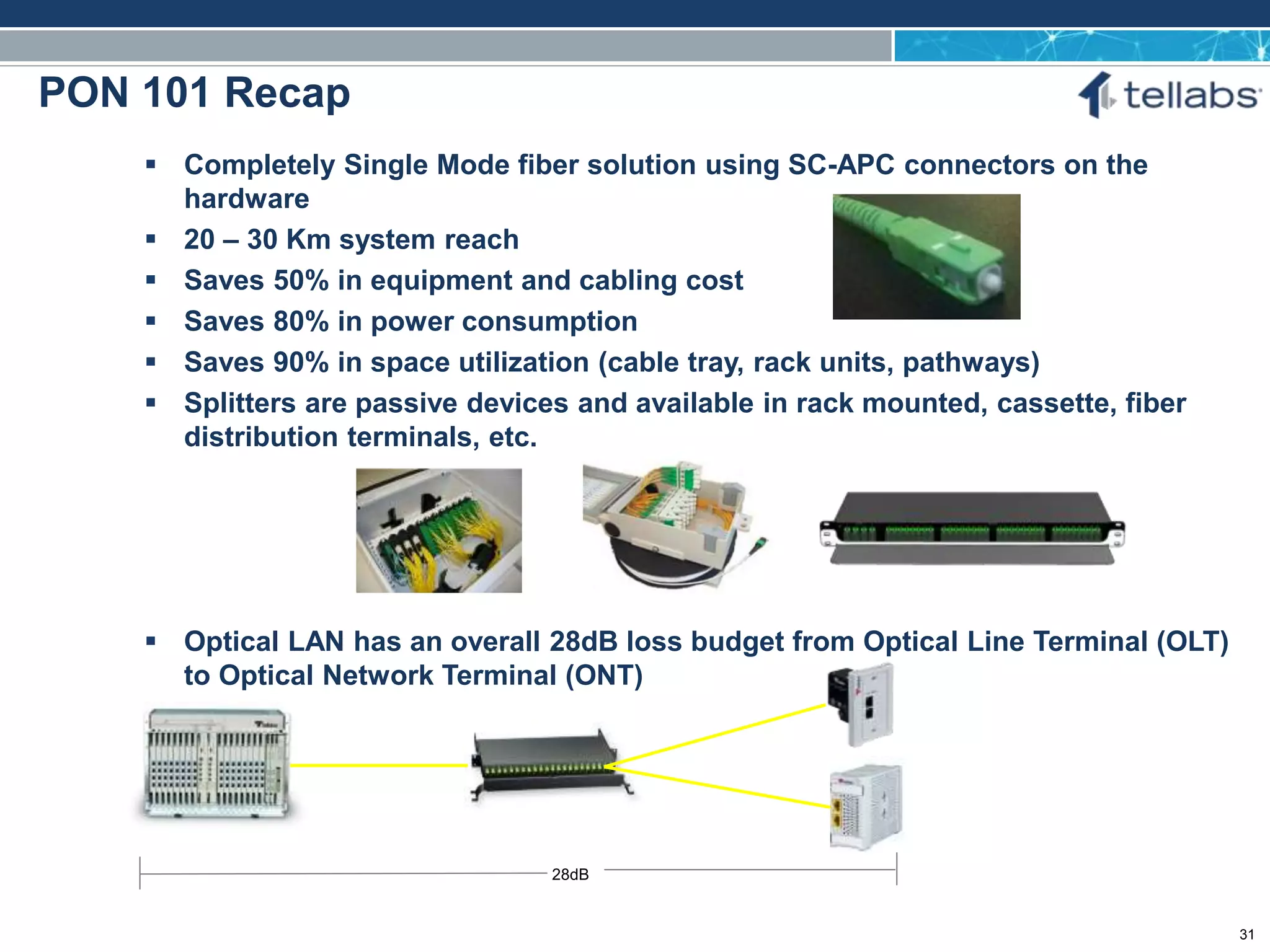 ACCESS FOR TODAY. CONNECTED FOR TOMORROW.
PON 101 Recap
 Completely Single Mode fiber solution using SC-APC connectors on the
hardware
 20 – 30 Km system reach
 Saves 50% in equipment and cabling cost
 Saves 80% in power consumption
 Saves 90% in space utilization (cable tray, rack units, pathways)
 Splitters are passive devices and available in rack mounted, cassette, fiber
distribution terminals, etc.
 Optical LAN has an overall 28dB loss budget from Optical Line Terminal (OLT)
to Optical Network Terminal (ONT)
28dB
31
 