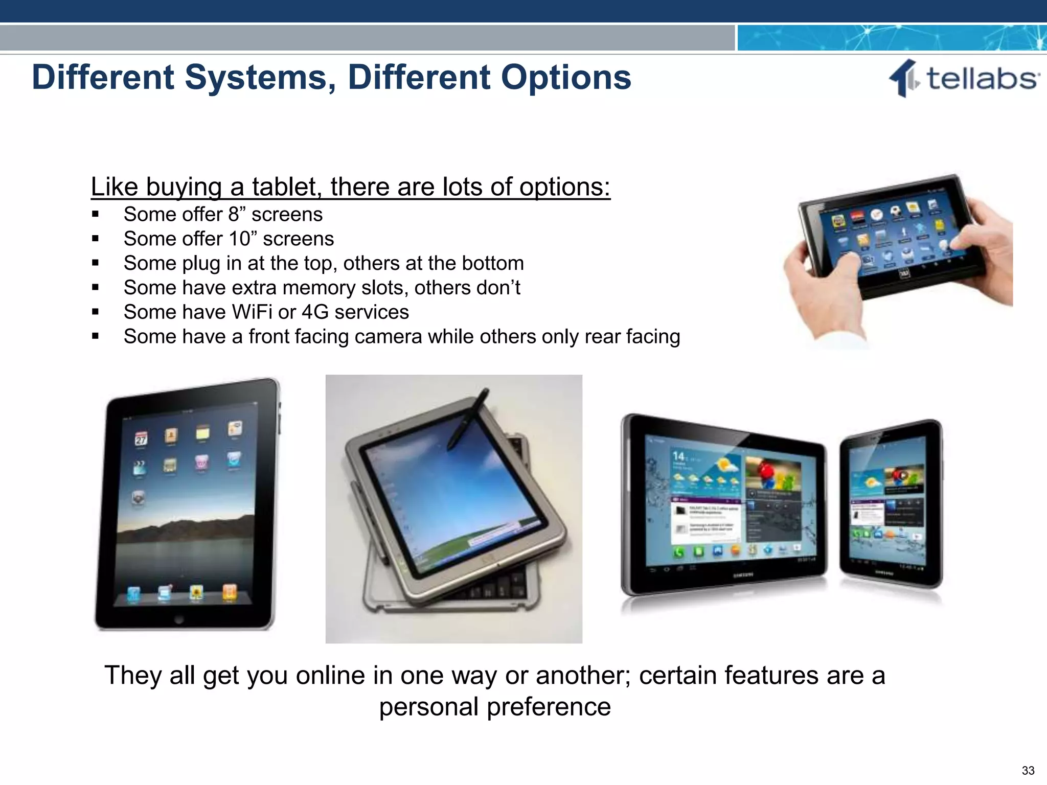 ACCESS FOR TODAY. CONNECTED FOR TOMORROW.
Different Systems, Different Options
Like buying a tablet, there are lots of options:
 Some offer 8” screens
 Some offer 10” screens
 Some plug in at the top, others at the bottom
 Some have extra memory slots, others don’t
 Some have WiFi or 4G services
 Some have a front facing camera while others only rear facing
They all get you online in one way or another; certain features are a
personal preference
33
 