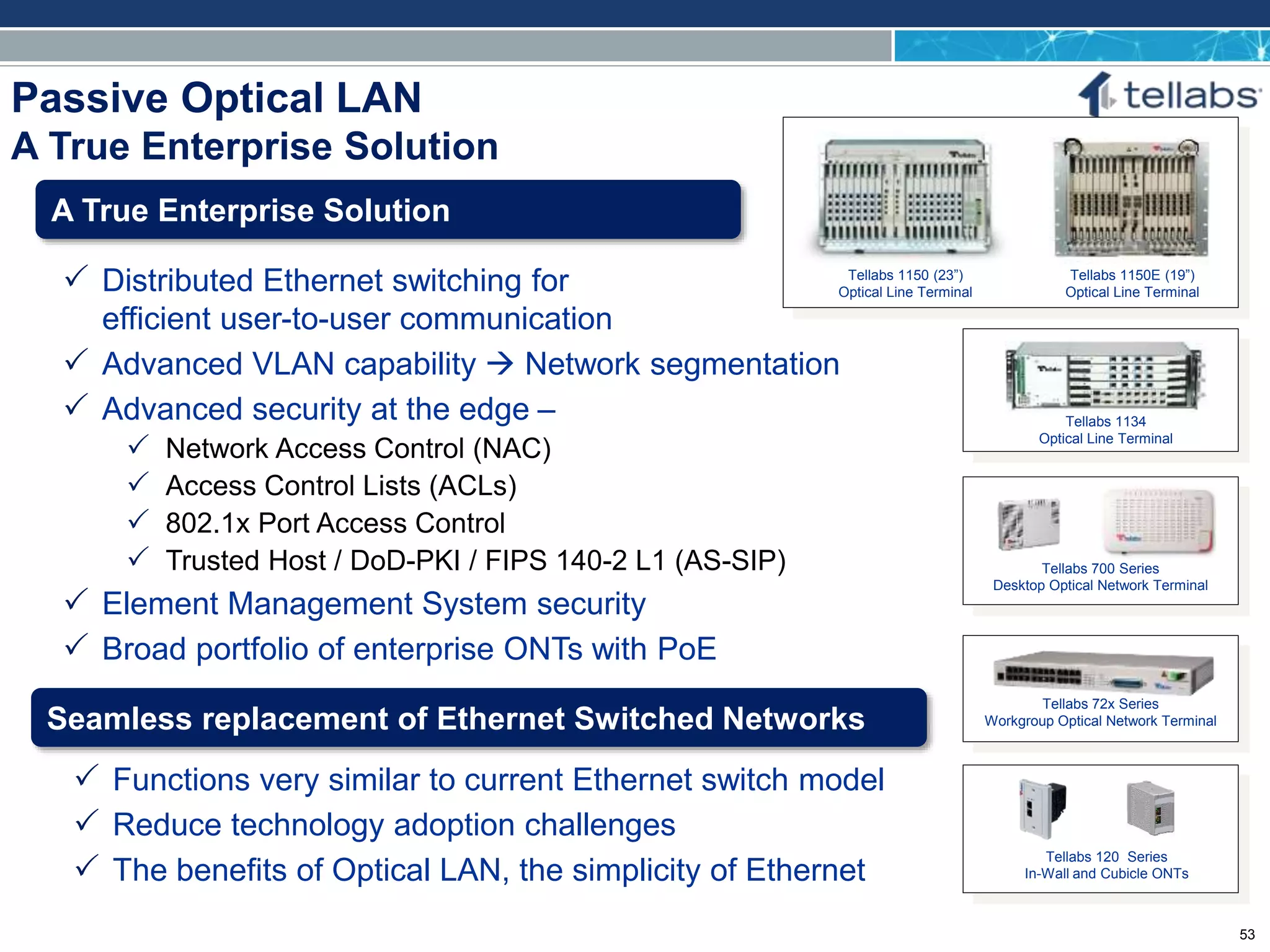 ACCESS FOR TODAY. CONNECTED FOR TOMORROW.
Passive Optical LAN
A True Enterprise Solution
Tellabs 700 Series
Desktop Optical Network Terminal
Tellabs 72x Series
Workgroup Optical Network Terminal
Tellabs 1134
Optical Line Terminal
 Advanced VLAN capability  Network segmentation
 Advanced security at the edge –
 Network Access Control (NAC)
 Access Control Lists (ACLs)
 802.1x Port Access Control
 Trusted Host / DoD-PKI / FIPS 140-2 L1 (AS-SIP)
 Element Management System security
 Broad portfolio of enterprise ONTs with PoE
A True Enterprise Solution
Seamless replacement of Ethernet Switched Networks
 Functions very similar to current Ethernet switch model
 Reduce technology adoption challenges
 The benefits of Optical LAN, the simplicity of Ethernet
 Distributed Ethernet switching for
efficient user-to-user communication
Tellabs 1150E (19”)
Optical Line Terminal
Tellabs 1150 (23”)
Optical Line Terminal
Tellabs 120 Series
In-Wall and Cubicle ONTs
53
 