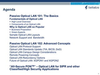 ACCESS FOR TODAY. CONNECTED FOR TOMORROW.
Agenda
Passive Optical LAN 101: The Basics
Fundamentals of Optical LAN
 High Level Overview
 Components of an Optical LAN
Why is Optical LAN so Popular
 Business Proposition
 Green Aspects
Sample Optical LAN Layouts
Network Support and Bandwidth
Passive Optical LAN 102: Advanced Concepts
Optical LAN Protocol Support
Optical LAN Standards Update (TIA, BICSI, DoD)
Optical LAN Campus Design Considerations
Remote Powering Concepts
Optical LAN Redundancy Options
Future of Optical LAN: XGPON1 and XGPON2
“All-Secure PONTM” – Optical LAN for SIPR and other
Classified/High Security Applications
2
 