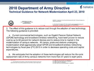 ACCESS FOR TODAY. CONNECTED FOR TOMORROW.
2010 Department of Army Directive
Technical Guidance for Network Modernization April 23, 2010
51
 