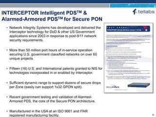 ACCESS FOR TODAY. CONNECTED FOR TOMORROW.
INTERCEPTOR Intelligent PDSTM &
Alarmed-Armored PDSTM for Secure PON
• Network Integrity Systems has developed and delivered the
Interceptor technology for DoD & other US Government
applications since 2003 in response to post-9/11 network
security requirements.
• More than 50 million port hours of in-service operation
securing U.S. government classified networks on over 60
unique projects.
• Fifteen (16) U.S. and International patents granted to NIS for
technologies incorporated in or enabled by Interceptor.
• Sufficient dynamic range to support dozens of secure drops
per Zone (easily can support 1x32 GPON split).
• Recent government testing and validation of Alarmed-
Armored PDS, the core of the Secure PON architecture.
• Manufactured in the USA at an ISO 9001 and ITAR
registered manufacturing facility. 62
 
