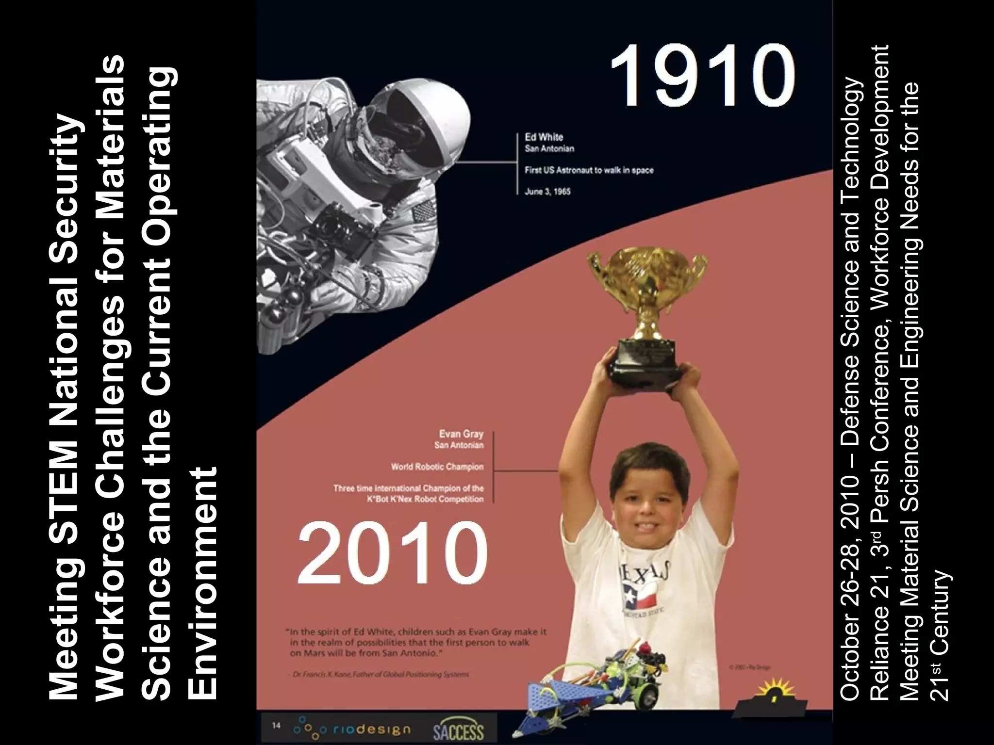 MeetingSTEMNationalSecurity
WorkforceChallengesforMaterials
ScienceandtheCurrentOperating
Environment
October26-28,2010–DefenseScienceandTechnology
Reliance21,3rd
PershConference,WorkforceDevelopment
MeetingMaterialScienceandEngineeringNeedsforthe
21st
Century
 