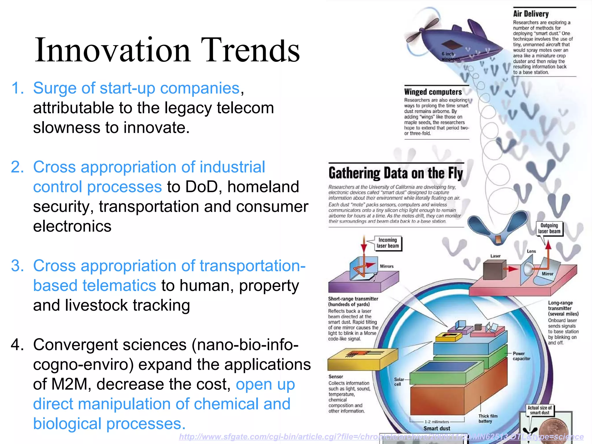1. Surge of start-up companies,
attributable to the legacy telecom
slowness to innovate.
2. Cross appropriation of industrial
control processes to DoD, homeland
security, transportation and consumer
electronics
3. Cross appropriation of transportation-
based telematics to human, property
and livestock tracking
4. Convergent sciences (nano-bio-info-
cogno-enviro) expand the applications
of M2M, decrease the cost, open up
direct manipulation of chemical and
biological processes.
Innovation Trends
http://www.sfgate.com/cgi-bin/article.cgi?file=/chronicle/archive/2000/11/20/MN62513.DTL&type=science
 