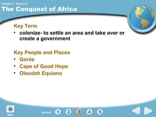 Chapter 2 , Section 3

The Conquest of Africa
Key Term
• colonize- to settle an area and take over or
create a government
Key People and Places
• Gorée
• Cape of Good Hope
• Olaudah Equiano

 