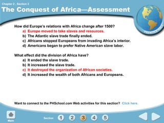 Chapter 2 , Section 3

The Conquest of Africa—Assessment
How did Europe’s relations with Africa change after 1500?
a) Europe moved to take slaves and resources.
b) The Atlantic slave trade finally ended.
c) Africans stopped Europeans from invading Africa’s interior.
d) Americans began to prefer Native American slave labor.
What effect did the division of Africa have?
a) It ended the slave trade.
b) It increased the slave trade.
c) It destroyed the organization of African societies.
d) It increased the wealth of both Africans and Europeans.

Want to connect to the PHSchool.com Web activities for this section? Click here.

 