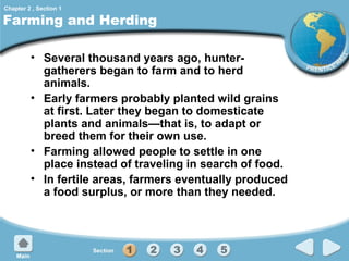 Chapter 2 , Section 1

Farming and Herding
• Several thousand years ago, huntergatherers began to farm and to herd
animals.
• Early farmers probably planted wild grains
at first. Later they began to domesticate
plants and animals—that is, to adapt or
breed them for their own use.
• Farming allowed people to settle in one
place instead of traveling in search of food.
• In fertile areas, farmers eventually produced
a food surplus, or more than they needed.

 