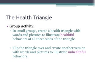 The Health Triangle
• Group Activity:
▫ In small groups, create a health triangle with
words and pictures to illustrate healthful
behaviors of all three sides of the triangle.
▫ Flip the triangle over and create another version
with words and pictures to illustrate unhealthful
behaviors.
 