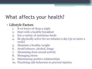 What affects your health?
• Lifestyle Factors
1. 8-10 hours of sleep a night
2. Start with a healthy breakfast
3. Eat a variety of nutritious foods
4. Be physically active for 20 minutes a day (3x or more a
week)
5. Maintain a healthy weight
6. Avoid tobacco, alcohol, drugs
7. Abstaining from sexual activity
8. Managing stress
9. Maintaining positive relationships
10. Practicing safe behaviors to prevent injuries
 