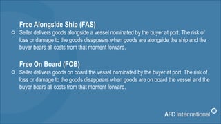 Free Alongside Ship (FAS)
Seller delivers goods alongside a vessel nominated by the buyer at port. The risk of
loss or dam...
