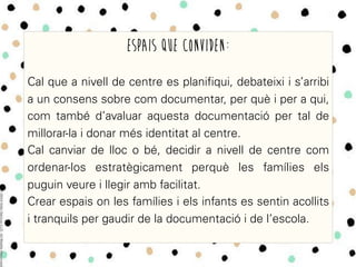 Espais que conviden:
Cal que a nivell de centre es planifiqui, debateixi i s’arribi
a un consens sobre com documentar, per què i per a qui,
com també d’avaluar aquesta documentació per tal de
millorar-la i donar més identitat al centre.
Cal canviar de lloc o bé, decidir a nivell de centre com
ordenar-los estratègicament perquè les famílies els
puguin veure i llegir amb facilitat.
Crear espais on les famílies i els infants es sentin acollits
i tranquils per gaudir de la documentació i de l’escola.
 