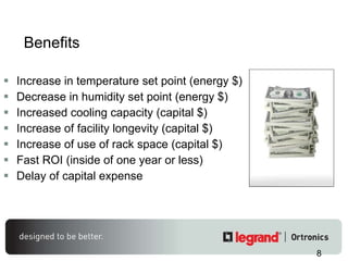 Benefits Increase in temperature set point (energy $) Decrease in humidity set point (energy $) Increased cooling capacity (capital $) Increase of facility longevity (capital $) Increase of use of rack space (capital $) Fast ROI (inside of one year or less) Delay of capital expense 