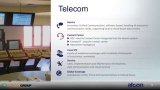 13
Telecom
Aeonix
Innovative Unified Communication, software based, handling all enterprise
communication needs, supporting local or cloud based data centers
Global Coverage
Subsidiaries in USA, China and representatives in India & Russia
Contact Center
ACC -Aeonix Contact Center integrated into the Aeonix system
ComposiT - popular contact center
Interactive Intelligence
Coral IPX
Family of telephone exchanges with hundreds of thousands
of installation, worldwide
Service
Sales, implementation and Maintenance of telephony,
data communication and cloud services
13
 