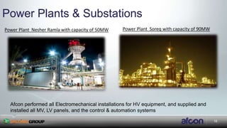 18
Power Plants & Substations
Power Plant Nesher Ramla with capacity of 50MW Power Plant Soreq with capacity of 90MW
Afcon performed all Electromechanical installations for HV equipment, and supplied and
installed all MV, LV panels, and the control & automation systems
 