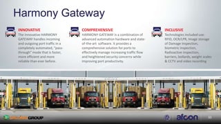 33
Harmony Gateway
INNOVATIVE
The innovative HARMONY
GATEWAY handles incoming
and outgoing port traffic in a
completely automated, “pass-
through” mode that is faster,
more efficient and more
reliable than ever before.
COMPREHENSIVE
HARMONY GATEWAY is a combination of
advanced automation hardware and state-
of-the-art software. It provides a
comprehensive solution for ports to
effectively manage increasing traffic flow
and heightened security concerns while
improving port productivity.
INCLUSIVE
Technologies included use:
RFID, OCR/LPR, Image storage
of Damage Inspection,
biometric inspection,
Radioactive inspection,
barriers, bollards, weight scales
& CCTV and video recording
33
 