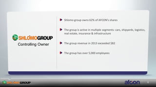 6
Shlomo group owns 62% of AFCON’s shares
The group is active in multiple segments: cars, shipyards, logistics,
real estate, insurance & infrastructure
The group revenue in 2013 exceeded $B2
The group has over 5,000 employees
Controlling Owner
 