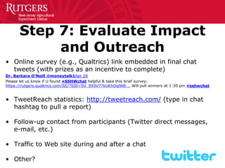 Step 7: Evaluate Impact and Outreach 
• 
Online survey (e.g., Qualtrics) link embedded in final chat tweets (with prizes as an incentive to complete) 
Dr. Barbara O'Neill @moneytalk1Apr 29 
Please let us know if U found #SSHWchat helpful & take this brief survey: https://rutgers.qualtrics.com/SE/?SID=SV_9X0V77kUKhOqlWB … Will pull winners at 1:30 pm #sshwchat 
• 
TweetReach statistics: http://tweetreach.com/ (type in chat hashtag to pull a report) 
• 
Follow-up contact from participants (Twitter direct messages, e-mail, etc.) 
• 
Traffic to Web site during and after a chat 
• 
Other?  